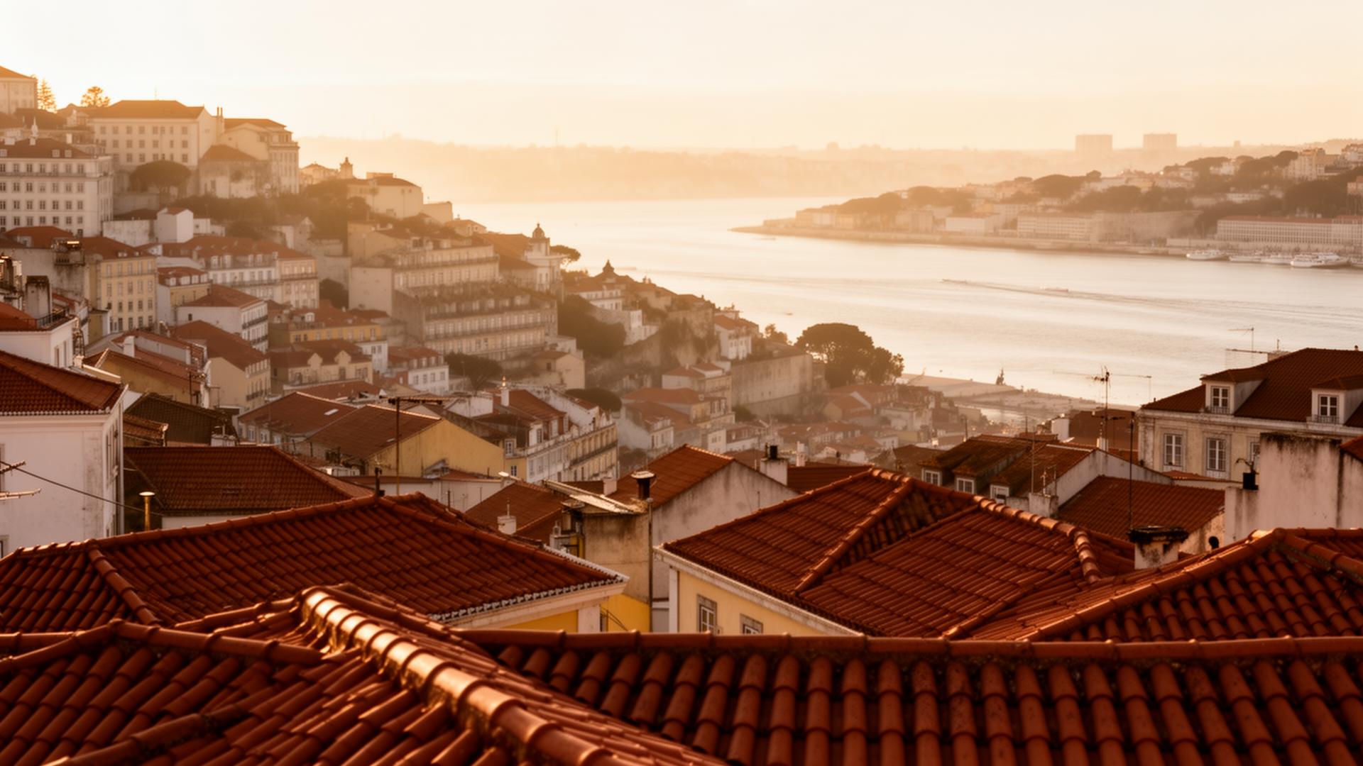Lisbon rooftops at golden hour overlooking the Tagus river